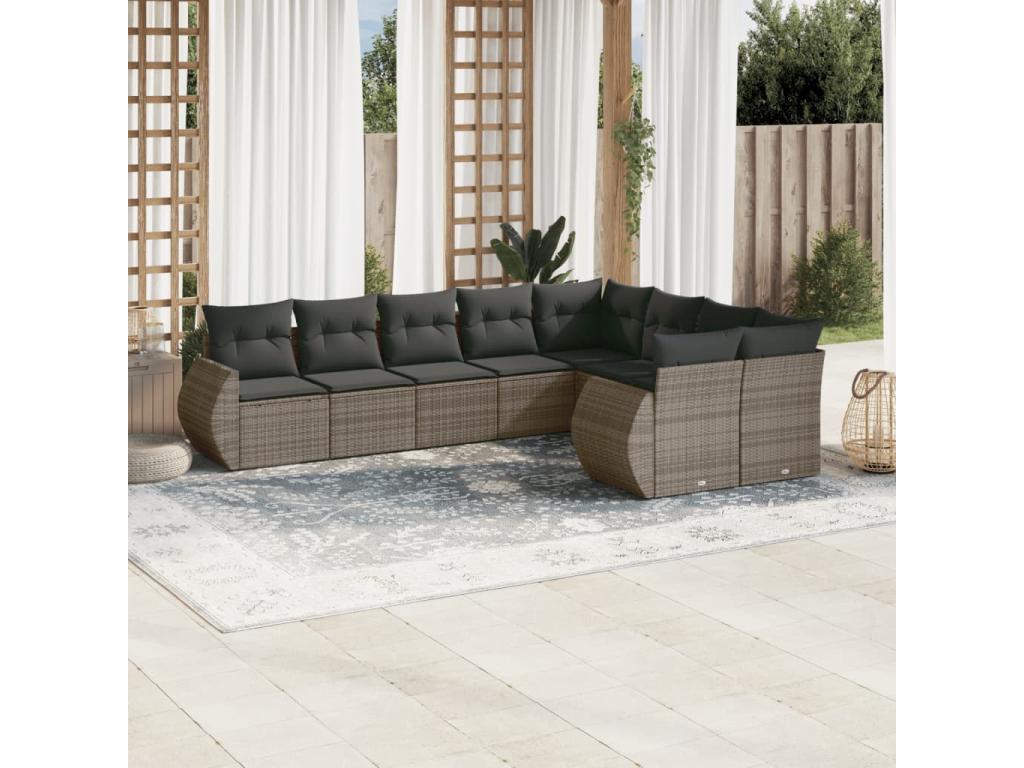9-piece garden furniture set with grey resin wicker cushions QQEP66949