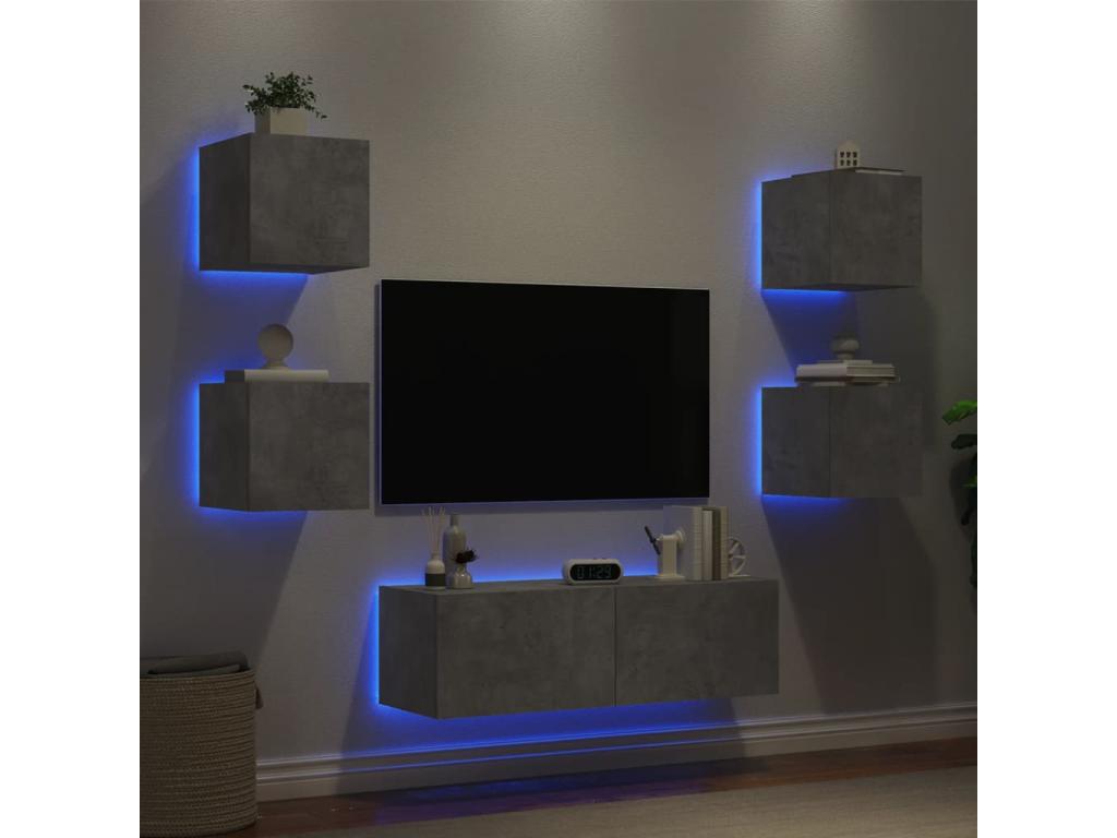 5-piece wall-mounted TV unit with LED lighting, concrete grey QFPC11751
