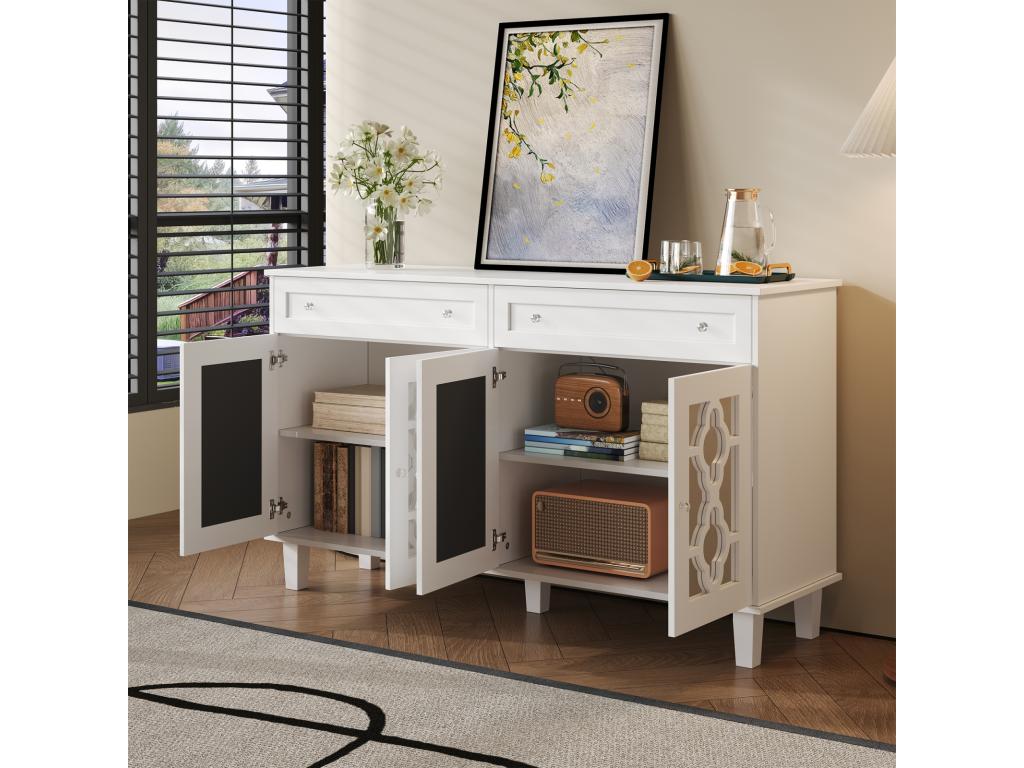 Sideboard 140x40x83cm - with 4 mirrored doors and 2 drawers - adjustable shelves and crystal handles - White BAIP15322