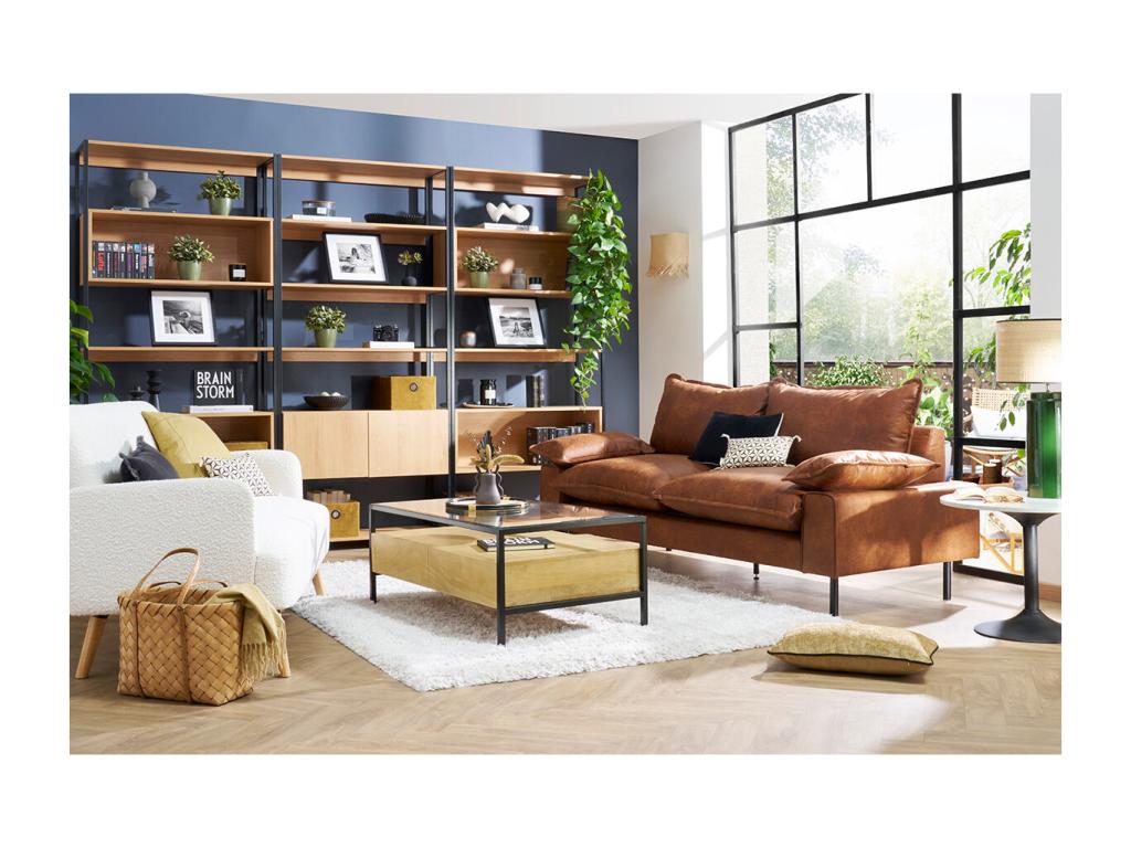 Ventoriq BJAS17380 3-seater sofa in aged cognac brown leather and black metal