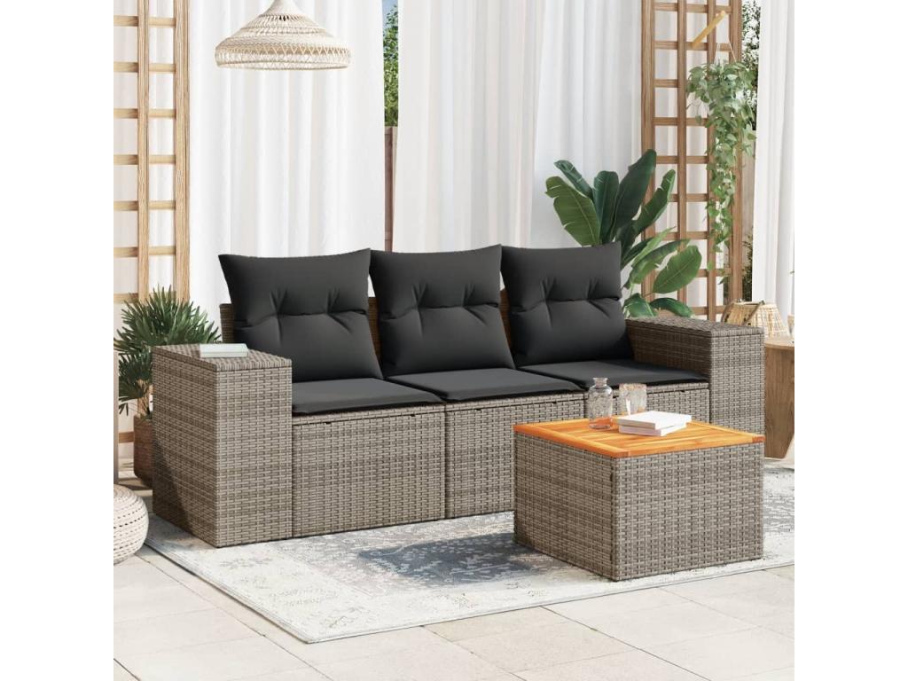 4-piece garden furniture set with grey resin wicker cushions RJHV85981