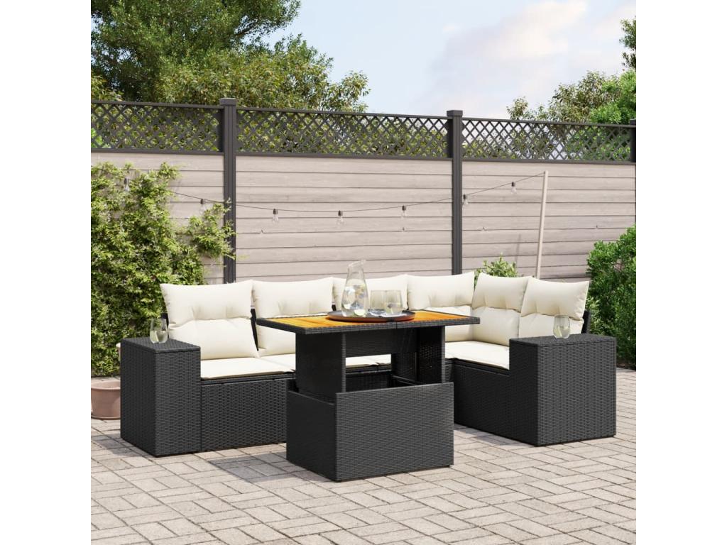 6-piece garden furniture set with cushions, black woven resin SKQM56129