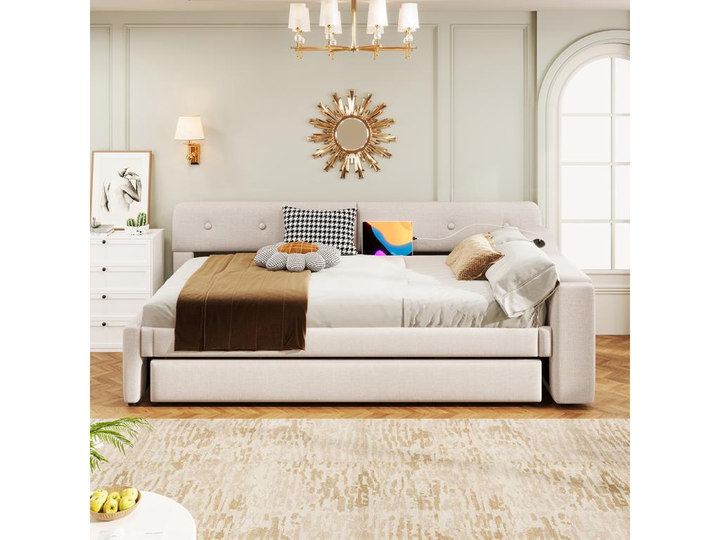 90x200cm sofa bed with slatted base, Lumenao folding storage compartment, USB-C type, beige linen, CYOU01792