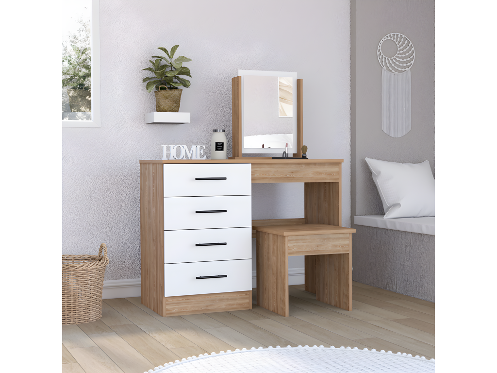 Ventoriq Mirrored Vanity Table with 4 Drawers and Seat Included, 126.7 cm W x 100 cm L x 42.5 cm D, White/Grey, SHEE42486