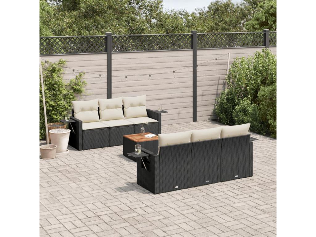 7-piece garden furniture set with cushions, black woven resin IRZX49676
