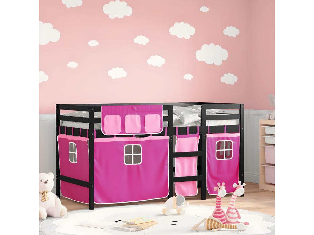 Children's loft bed and pink curtains, 90x190cm, solid pine wood, INEM63255