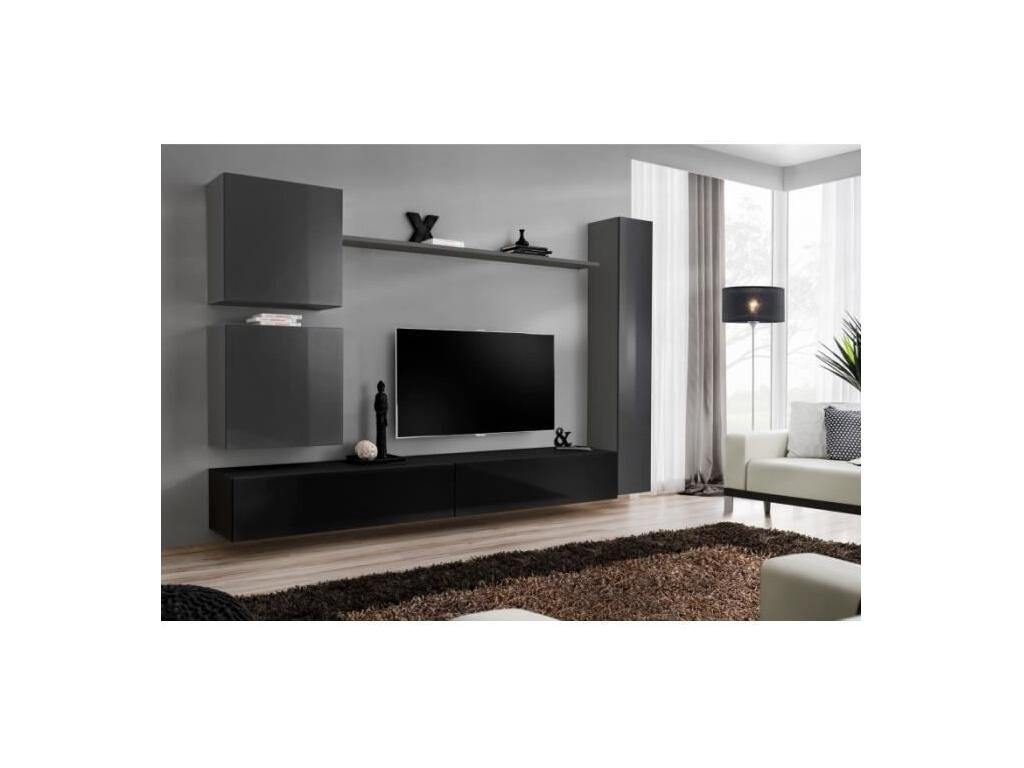 SWITCH VIII wall-mounted living room furniture set - Designer wall-mounted TV unit in glossy black and grey. AVGX47976