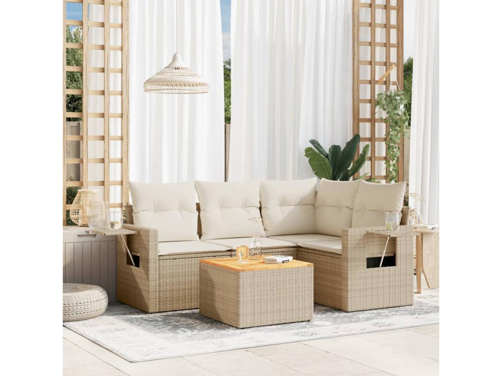 5-piece garden furniture set with cushions, beige woven resin VCKE04285