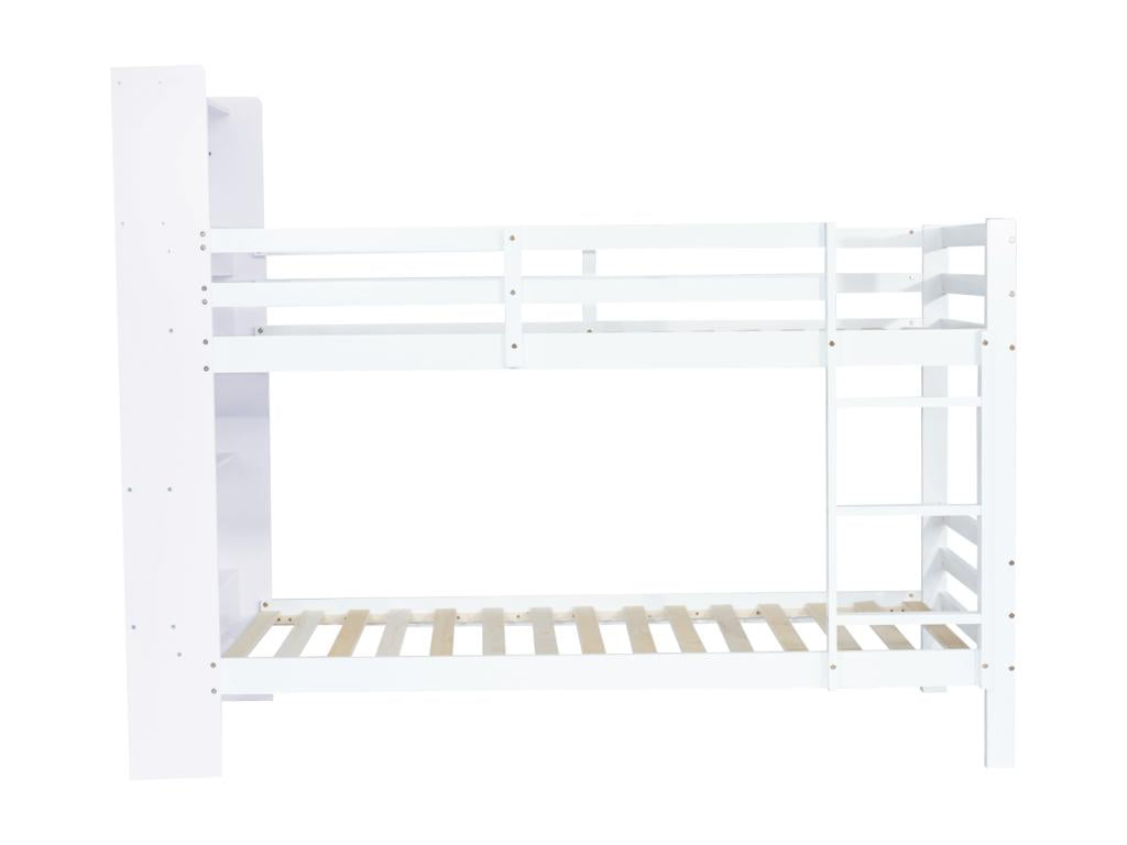 Bunk bed 90x200 cm with storage shelves and 3-step ladder at right angle, solid wood bed frame with bookcase - White SMCS55850