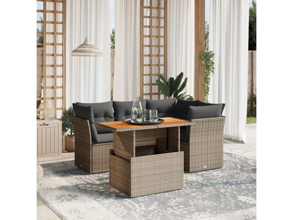 5-piece garden furniture set with grey resin wicker cushions EUBY94815