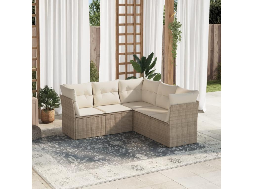 5-piece garden furniture set with cushions, beige woven resin, UQIX33382