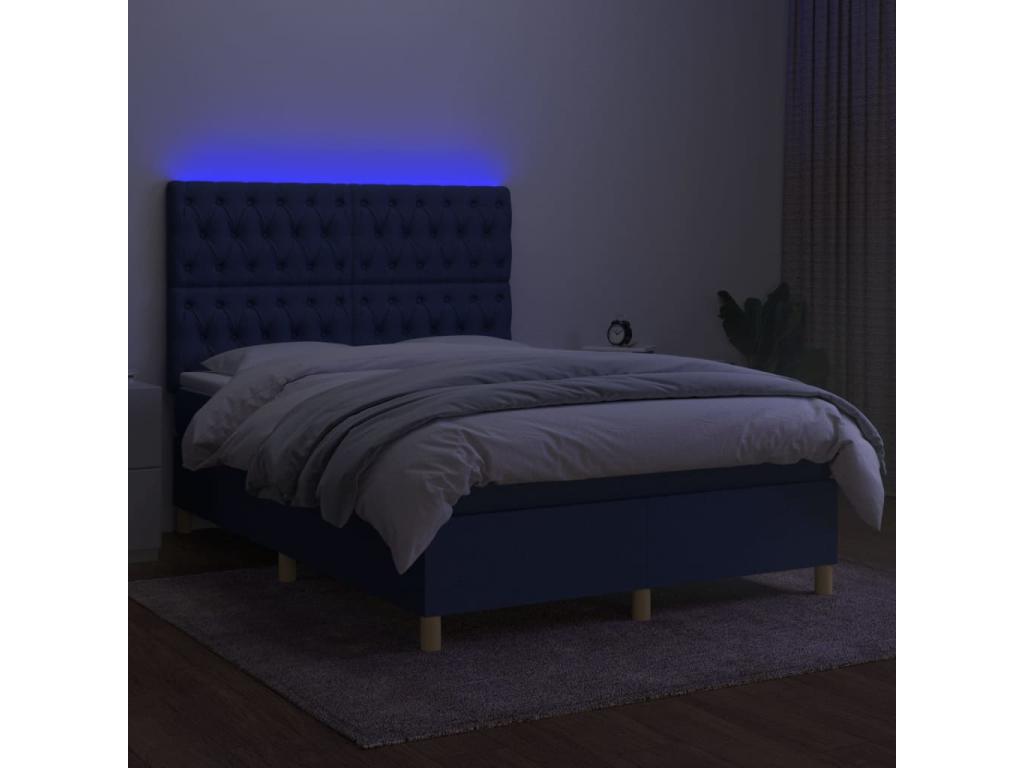 Upholstered bed base with mattress and LED light, blue, 140x190 cm, fabric FTUN26447
