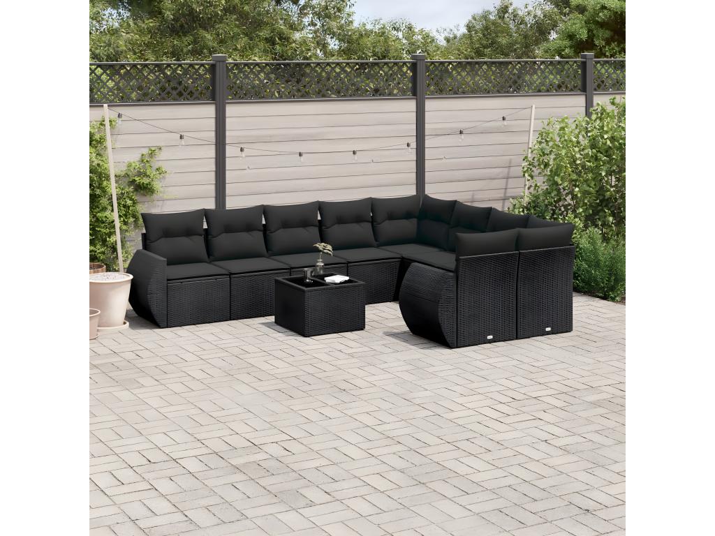 10-piece garden furniture set with cushions, black woven resin TOZD10102