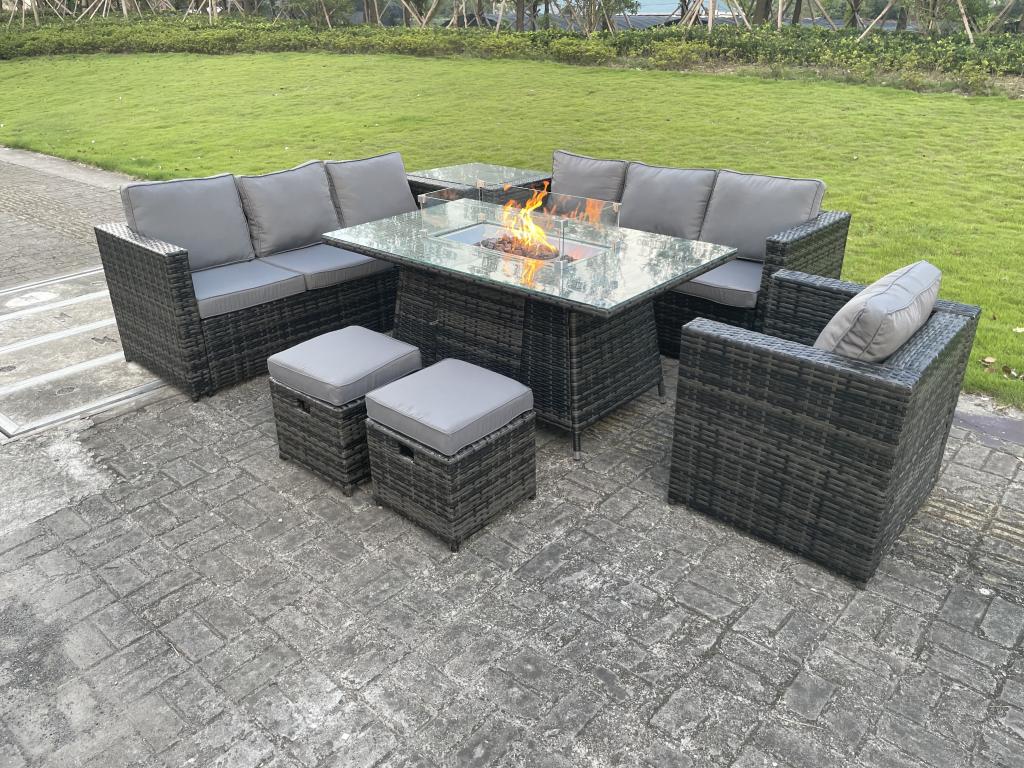 9-Seater Rattan Garden Dining Set with Gas Fireplace Table, Sofa, Side Table, Stools, Chairs, MéVentoriq Dark Grey THNJ38187