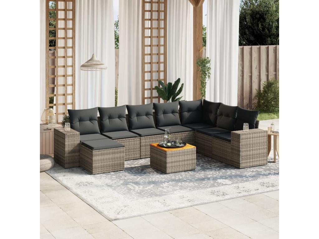 9-piece garden furniture set with grey resin wicker cushions QEDO49773