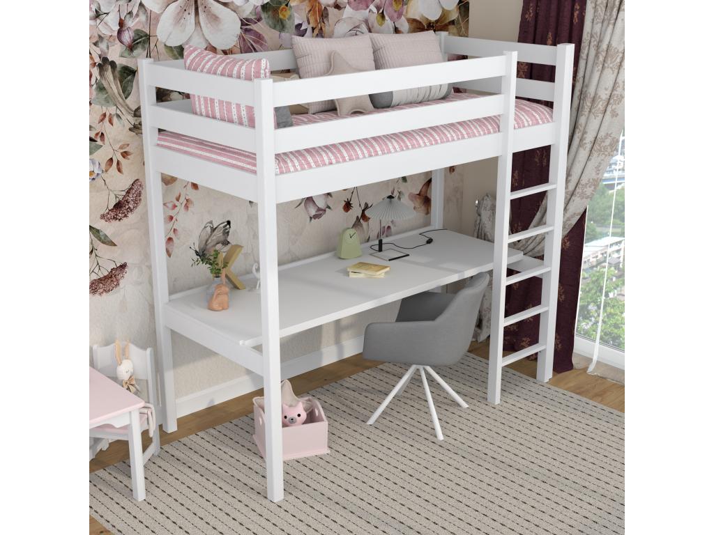 Wooden loft bed - with desk N05 White 80x200 RIKN81238