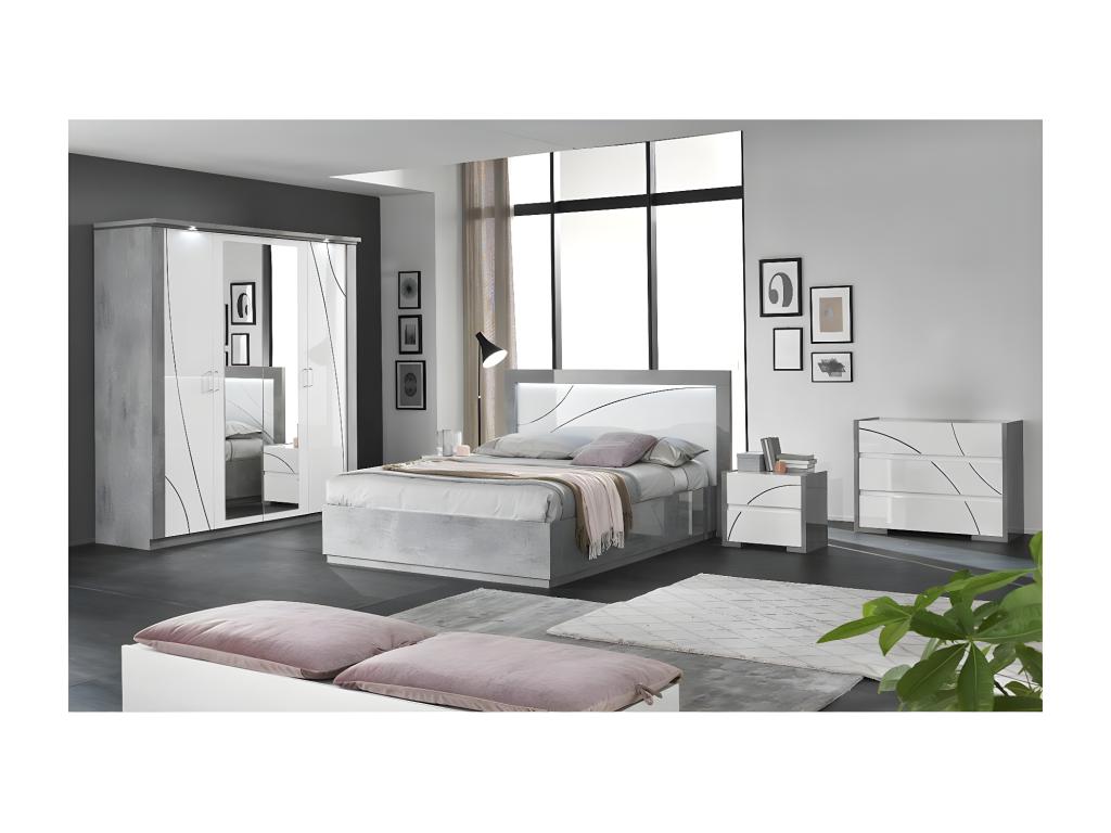 Ventoriq - 160x200cm Bed, White and Concrete Grey Lacquered Finish, Chrome Details with LEDs IFJD86747