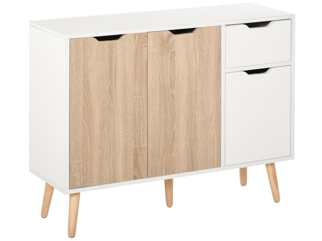 Scandinavian design sideboard with 2 cupboards, sliding drawer, solid pine wood legs, white and light oak particleboard panels QQRH06263