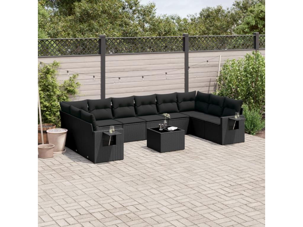 11-piece garden furniture set with cushions, black woven resin LCHP10398