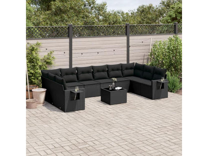 11-piece garden furniture set with cushions, black woven resin LCHP10398