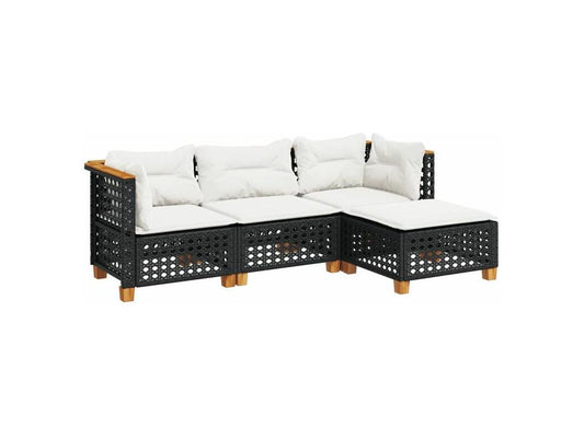 4-piece garden furniture set with cushions, black woven resin ASBK15431