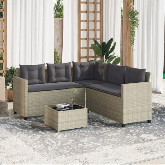 Light grey L-shaped garden sofa, table and cushions RWTM66311