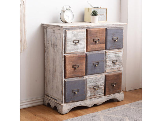 Vintage 9-Drawer Wooden Chest of Drawers, White, Brown, and Grey, 63x60x23 cm, KAHU49223