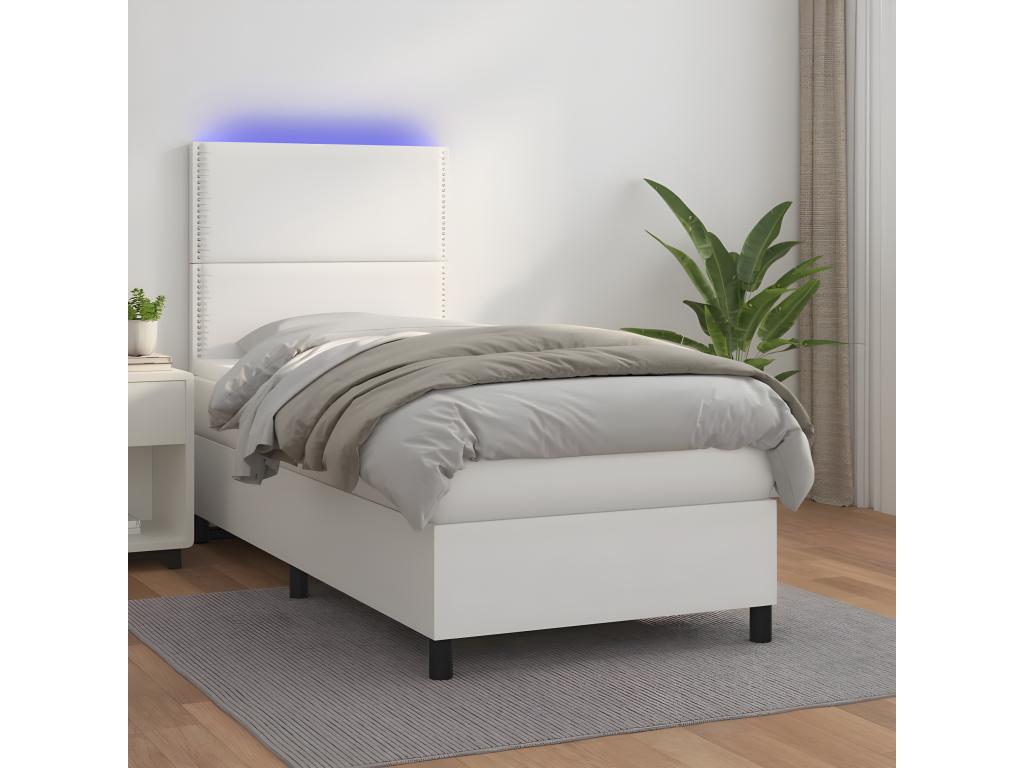 Upholstered bed base and mattress with LED lighting, white, 100x200 cm, faux leather, XUGM78722