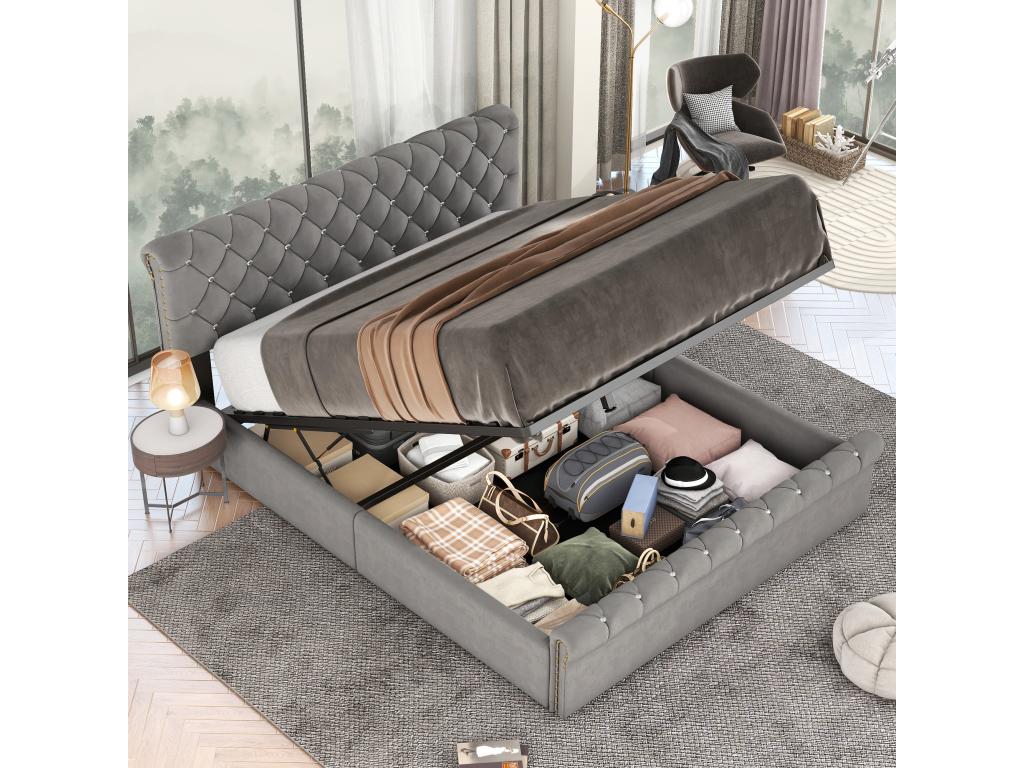 Storage Bed, Euro Double Bed - 140x200 cm Grey Velvet - Ventoriq OUUV05390