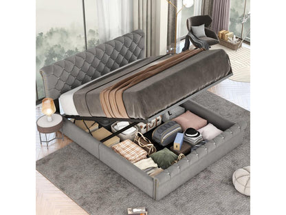 Storage Bed, Euro Double Bed - 140x200 cm Grey Velvet - Ventoriq OUUV05390
