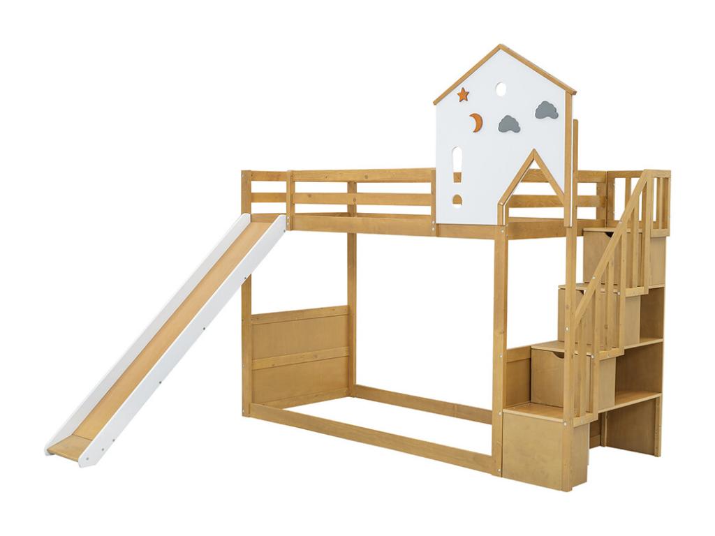 Children's bunk bed 90x200 cm single bed with corner staircase, roof and window, 3 storage compartments on the staircase, white, natural colors LVUA79605