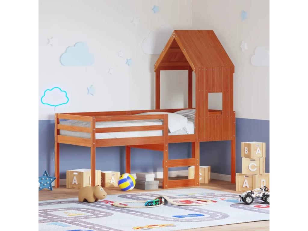 High bed without mattress, brown wax finish, 80x200 cm, solid pine wood, ECCG77335