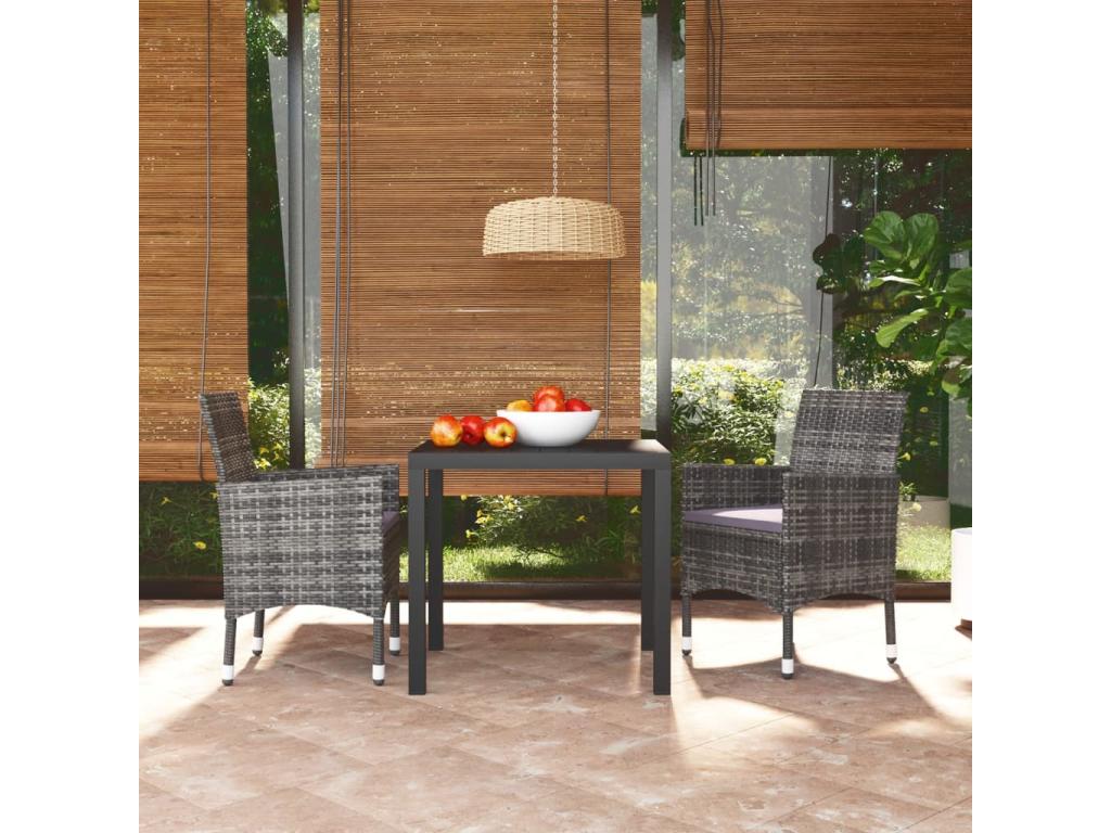 Garden dining set with cushions, 3 pieces, woven resin, grey QUDB30859