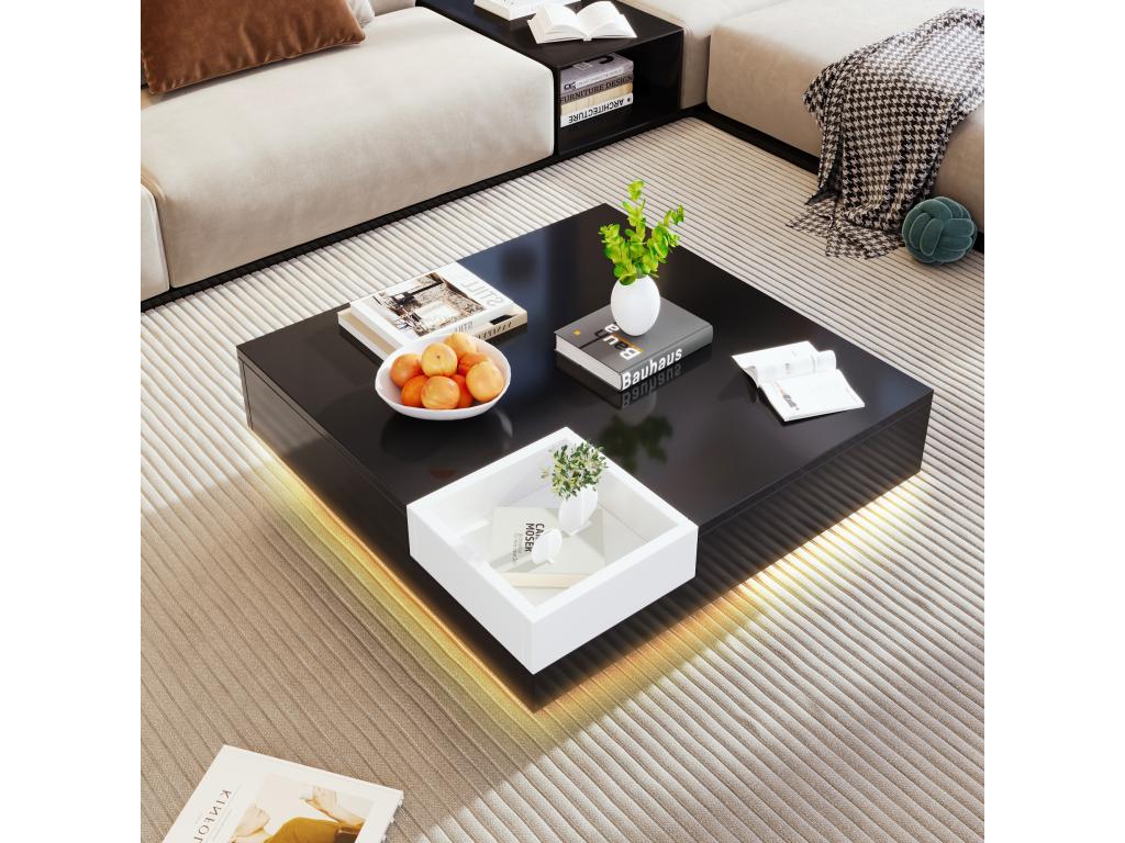 Square coffee table with storage box - 72x72x30 cm - LEDs - Particleboard - Black and white IAHW90578