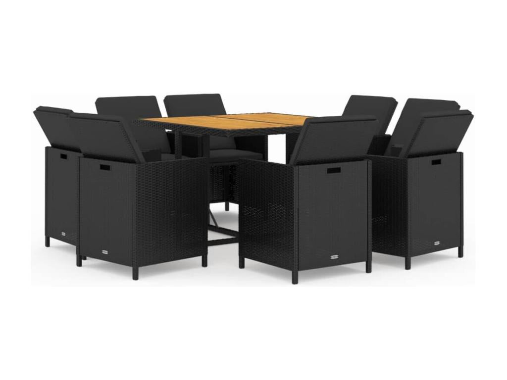 9-piece garden dining set and cushions, black wicker resin, KUBX17838