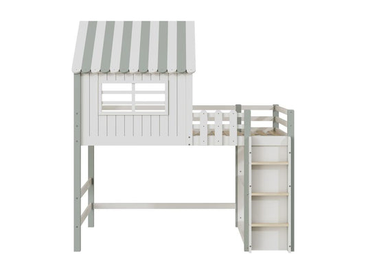 Children's Green Solid Wood Bed 90x200 cm Roof Shape with Safety Ladder, Storage, Multifunctional Bed and Frame by Ventoriq YILT74301