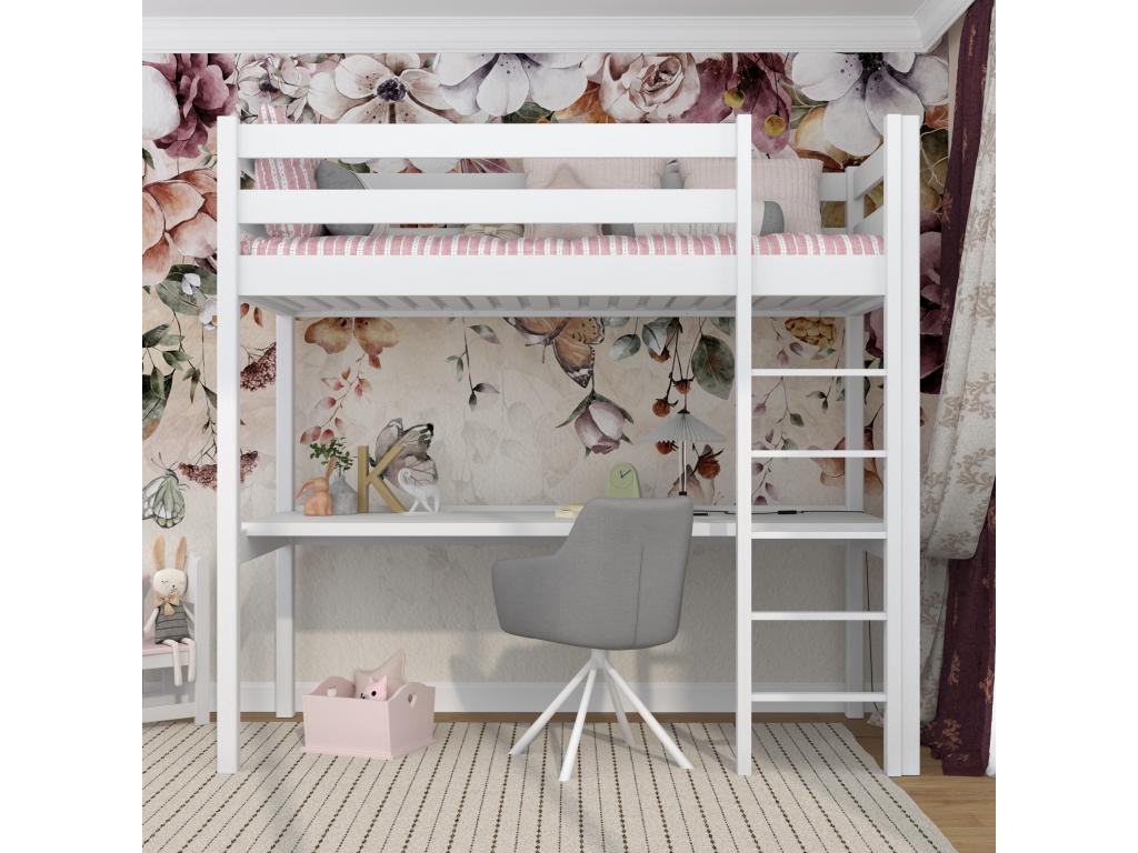Wooden loft bed - with desk N05 White 80x200 RIKN81238