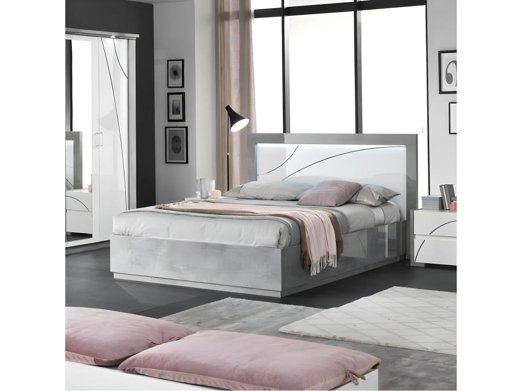 Ventoriq - 160x200cm Bed, White and Concrete Grey Lacquered Finish, Chrome Details with LEDs IFJD86747