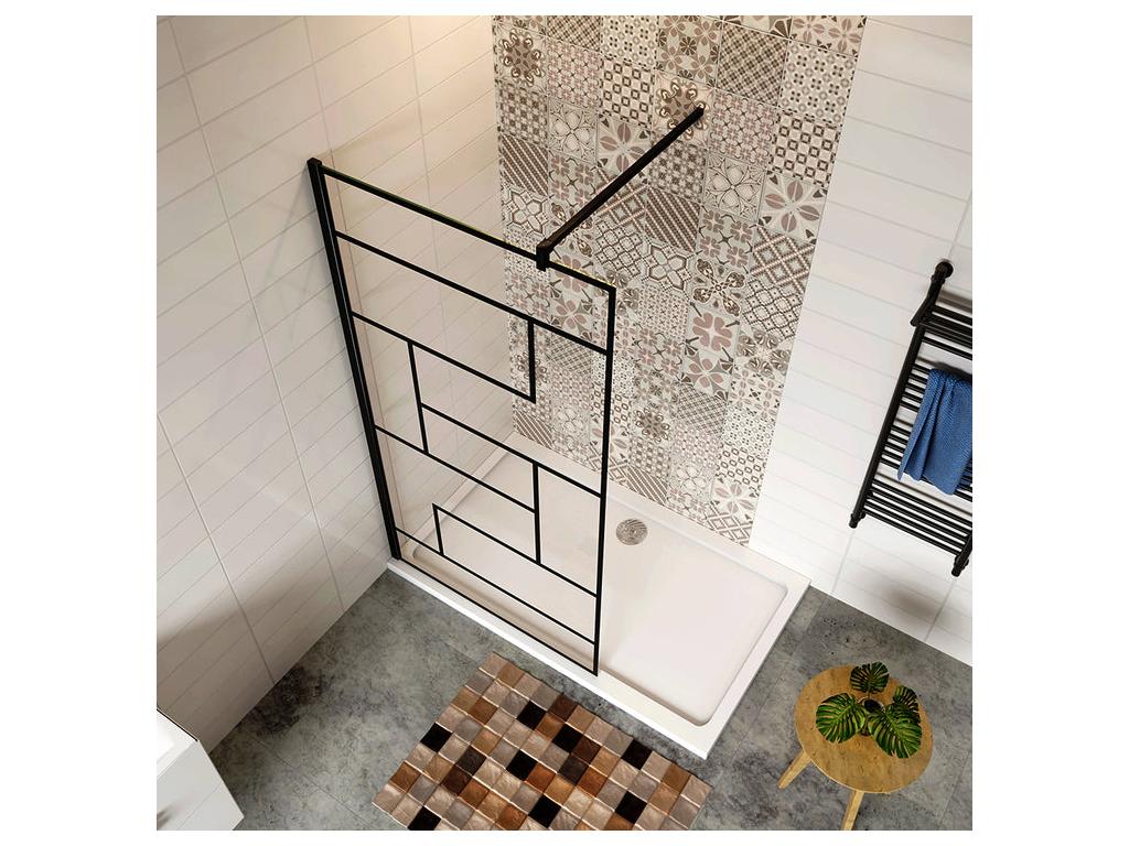 Walk-in shower screen 140x200cm with square black support bar, 8mm anti-limescale glass, modern style BYIS16279