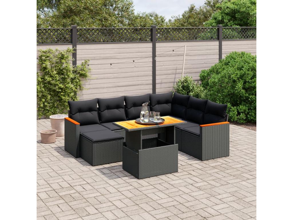 8-piece garden furniture set with cushions, black woven resin KAYS28334