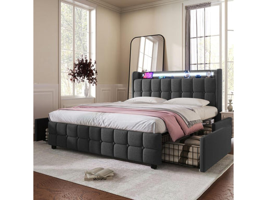 160x200cm Bed with Drawers, Upholstered Double Bed with Storage and LED Lighting, Grey JQXR20475