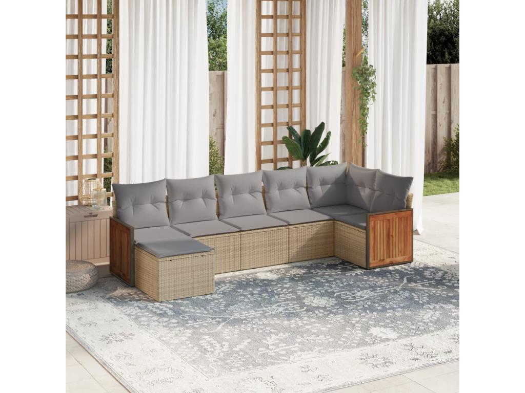 7-piece garden furniture set with cushions, beige woven resin, IULK55378