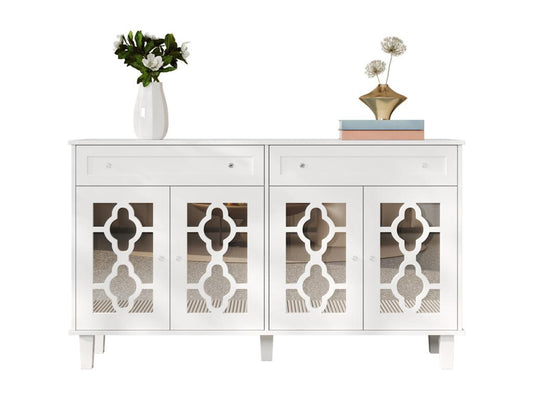 Sideboard 140x40x83cm - with 4 mirrored doors and 2 drawers - adjustable shelves and crystal handles - White BAIP15322