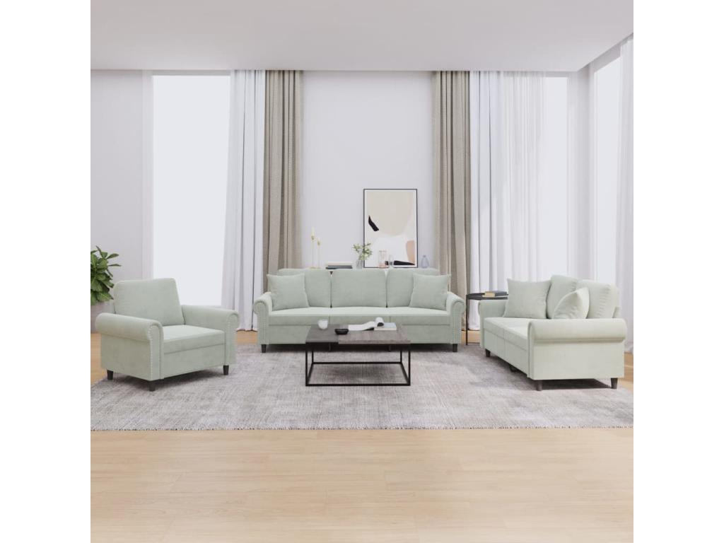 3-piece sofa set with light grey velvet cushions EEMM12592