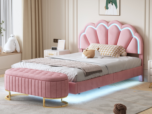 Upholstered bed 140x200 cm with fold-down bench seat - LEDs - Velvet - Pink NRDW10109
