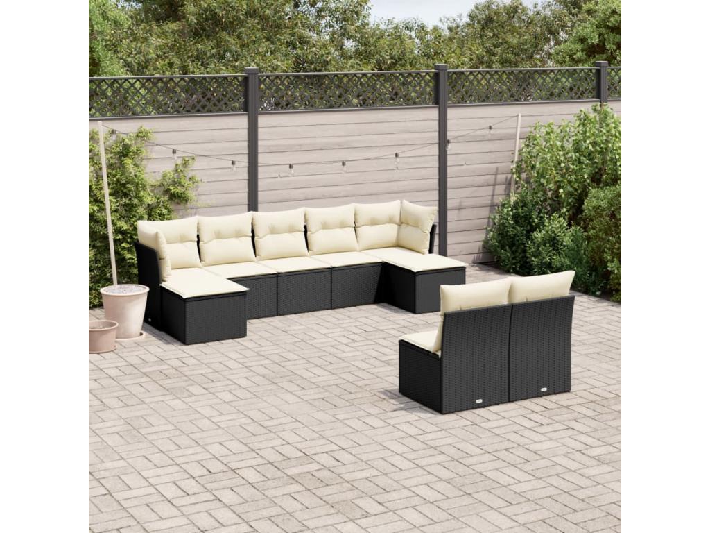 9-piece garden furniture set with cushions, black woven resin OWYM78164