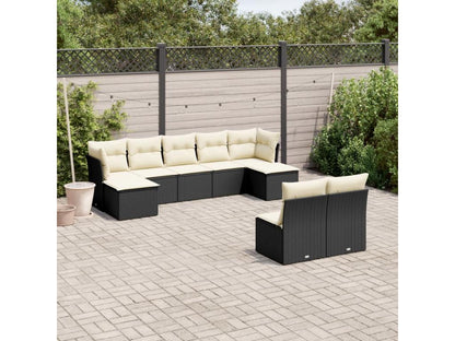 9-piece garden furniture set with cushions, black woven resin OWYM78164