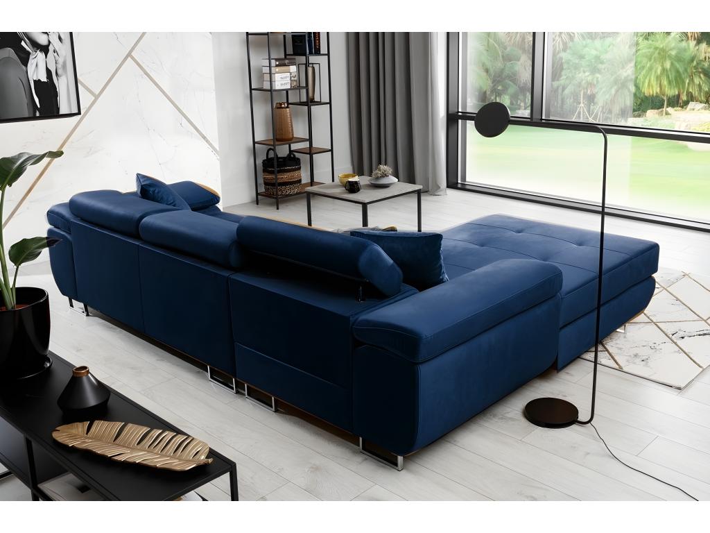Ventoriq 5-seater luxury velvet corner sofa bed in dark blue with storage, left-hand corner (front view) CREI67036