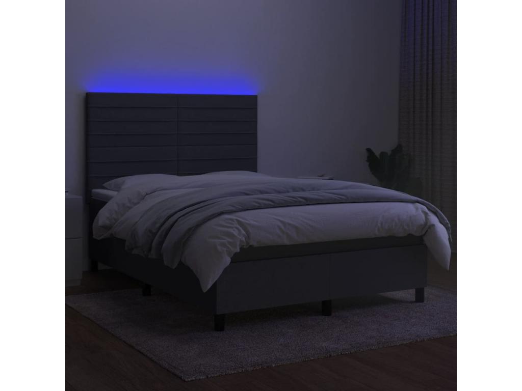 Upholstered bed base and mattress with LED lighting, Dark Grey, 140x200 cm, Fabric TYQK46780