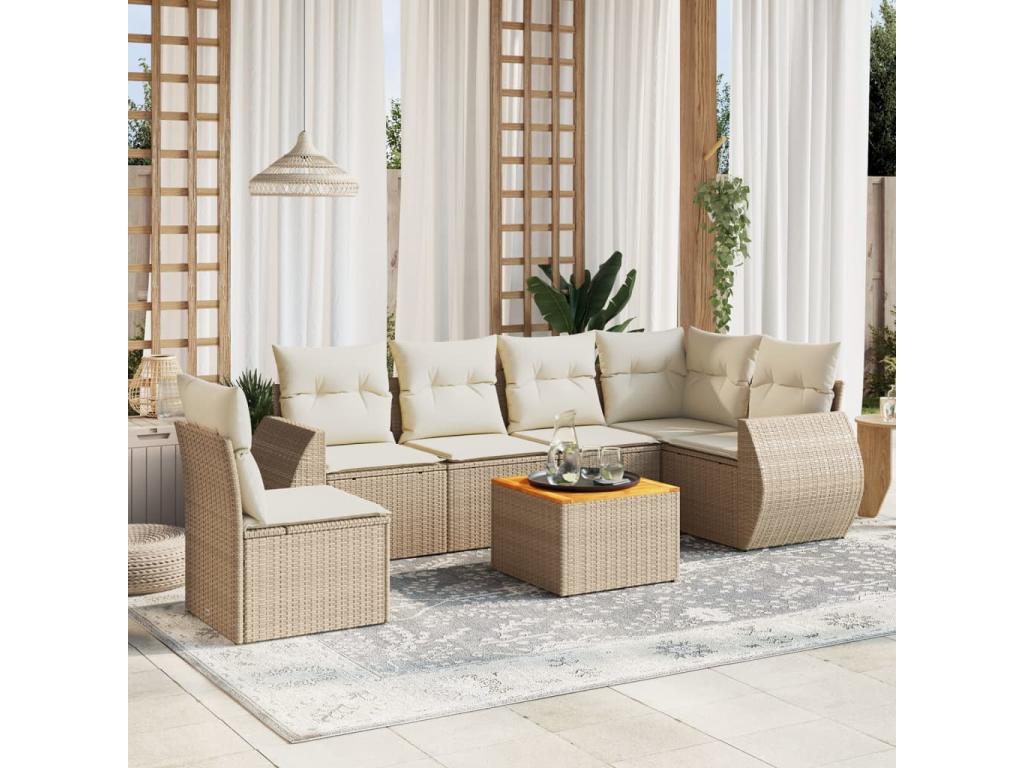 7-piece garden furniture set with cushions, beige woven resin YGXX25344